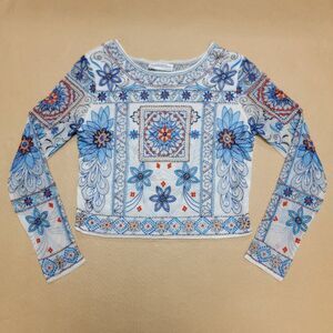 Zara Boho Hippie Women's Small Shirt White Blue Beaded Cropped Sheer Back Blouse